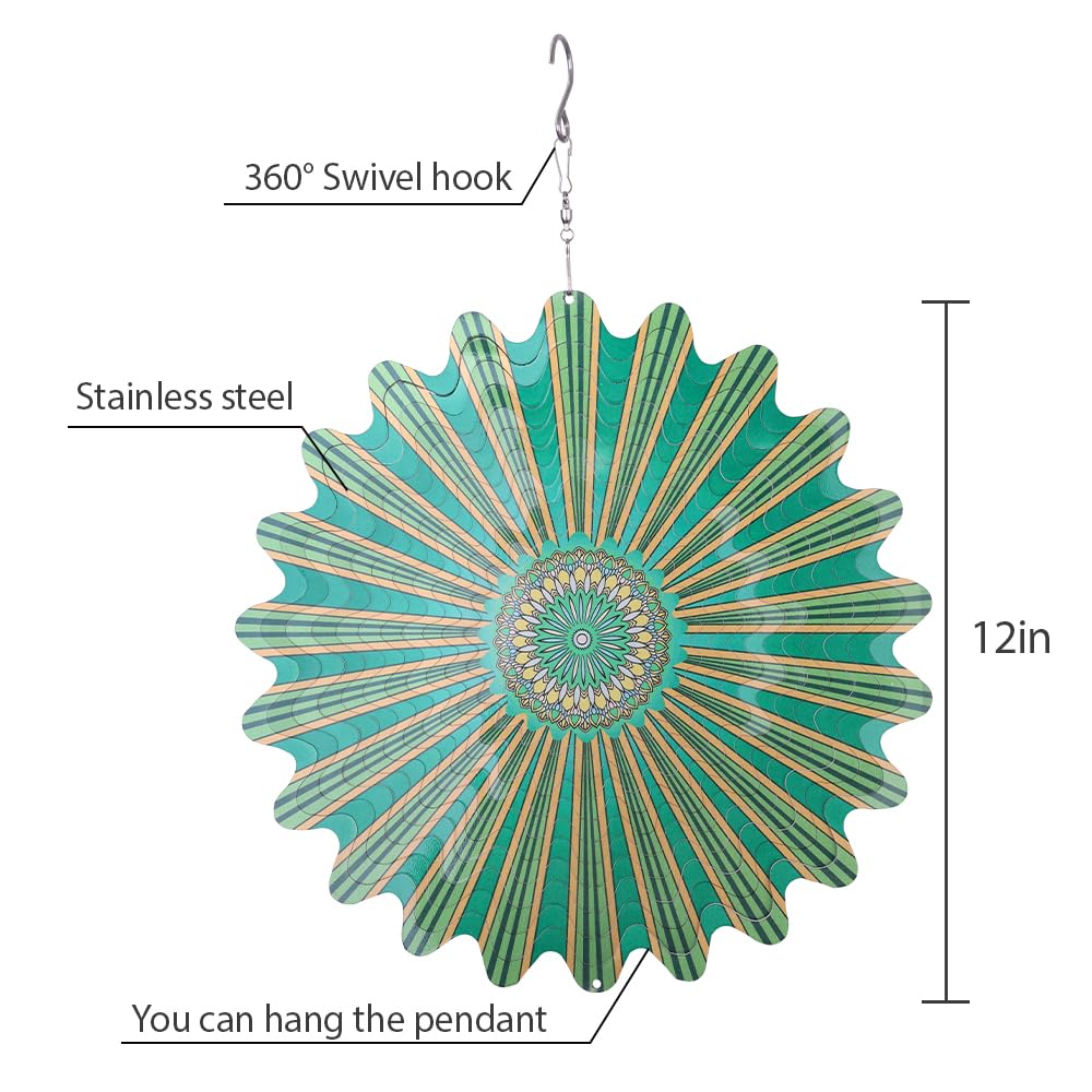 Hanging Wind Spinner Mandala- 12In Laser Cut Stainless Steel Wind Spinners Outdoor, 3D Kinetic Hanging Sculpture, Rustproof Metal Garden Decor Yard Art, Unique Gift for Women, Men, Holidays