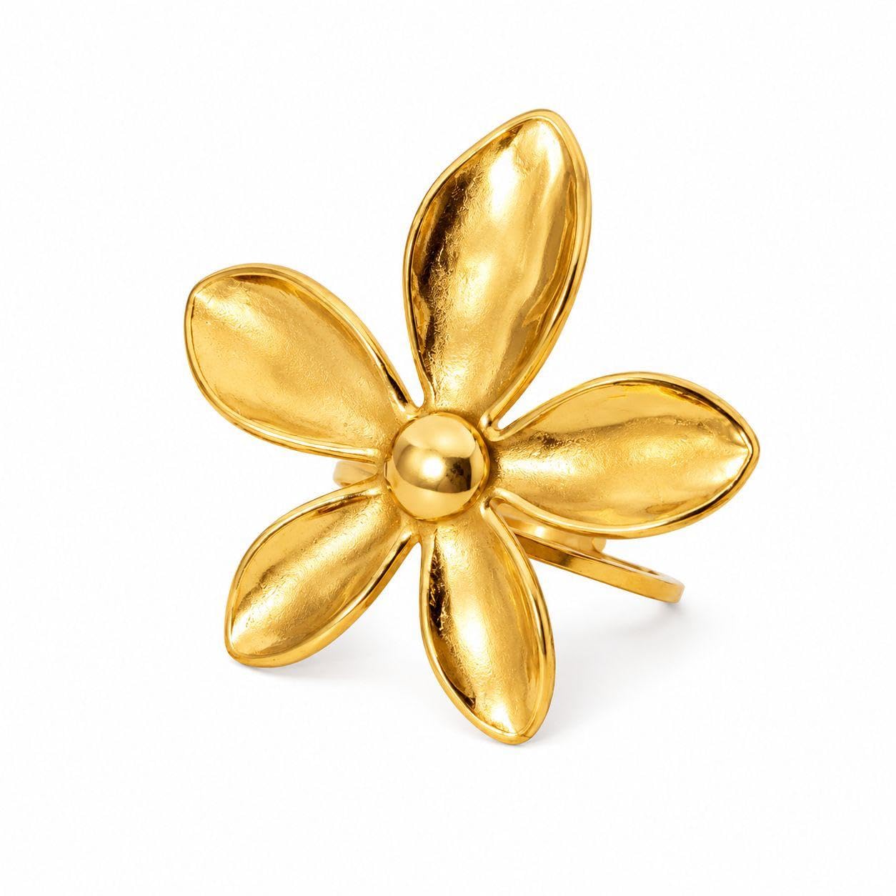 Elegant Gold Plated Flower Statement Ring for Women, Adjustable Floral Cocktail Ring, Stainless Steel Fashion Finger Ring-image-46