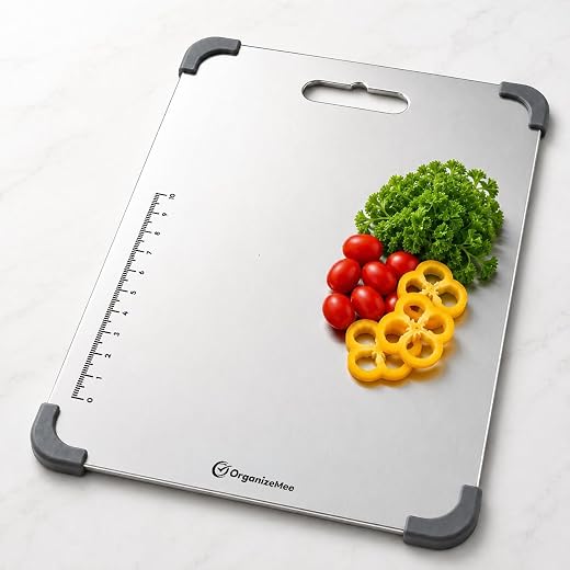 Organizemee Steel Chopping Board Medium 31.8x21cm, Stainless Steel Cutting Board for Kitchen Use, Everyday Rust-Proof Chop...
