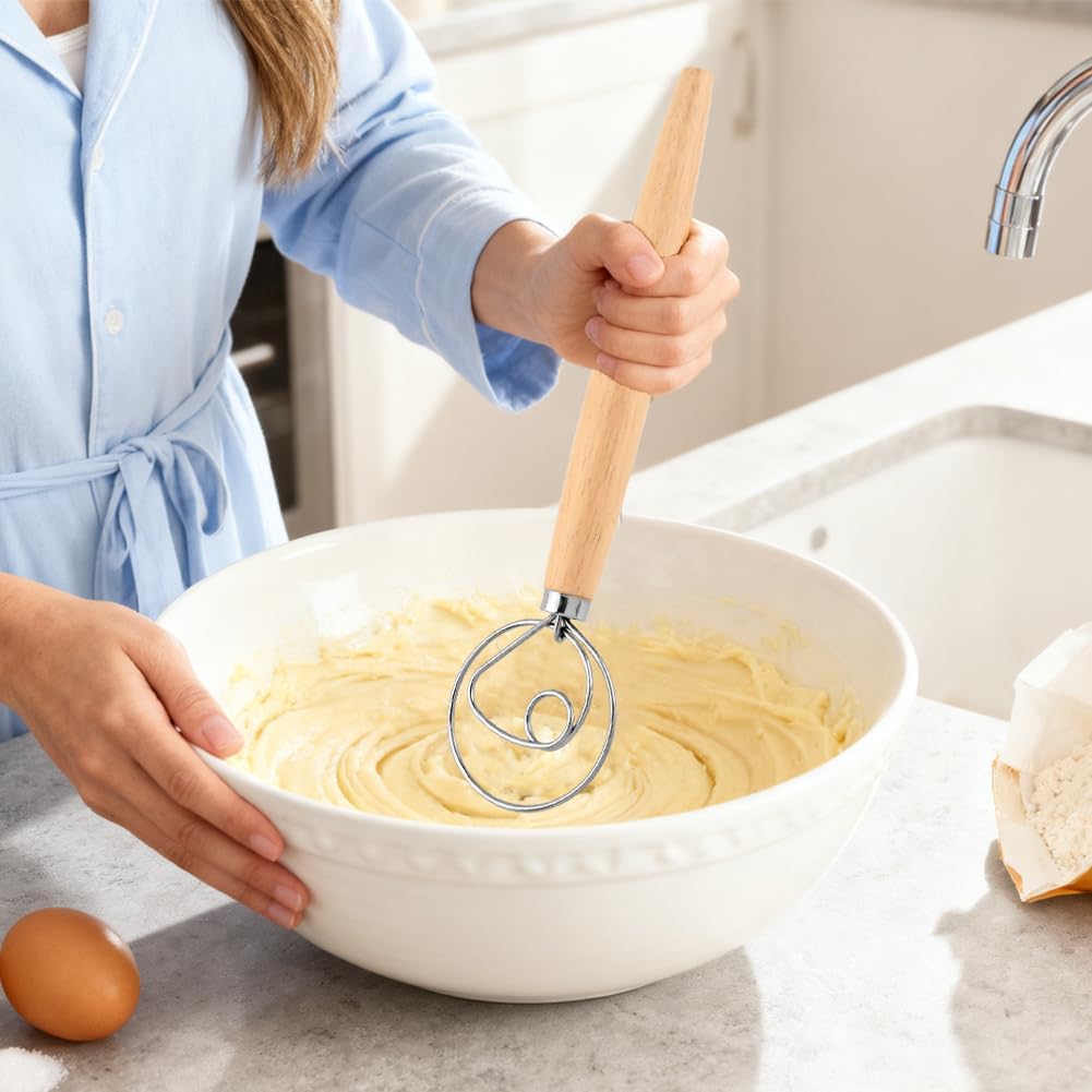Danish Dough Whisk, 13 inch Sourdough Whisk Stainless Steel Bread Dough Mixer with Smooth Wooden Handle, Sourdough Stirring Stick Bread Making Tool(SIZE:Single Eye)