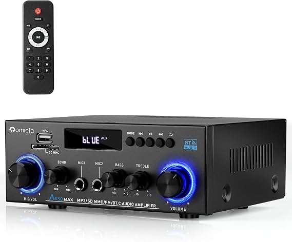 Romicta Stereo Audio HiFi Amplifier, 800W Bluetooth Amplifier 5.0, 2 Channels 12V/230V, LCD Display, SD/USB, FM Radio, Compatible with Active subwoofer and passive speakers
