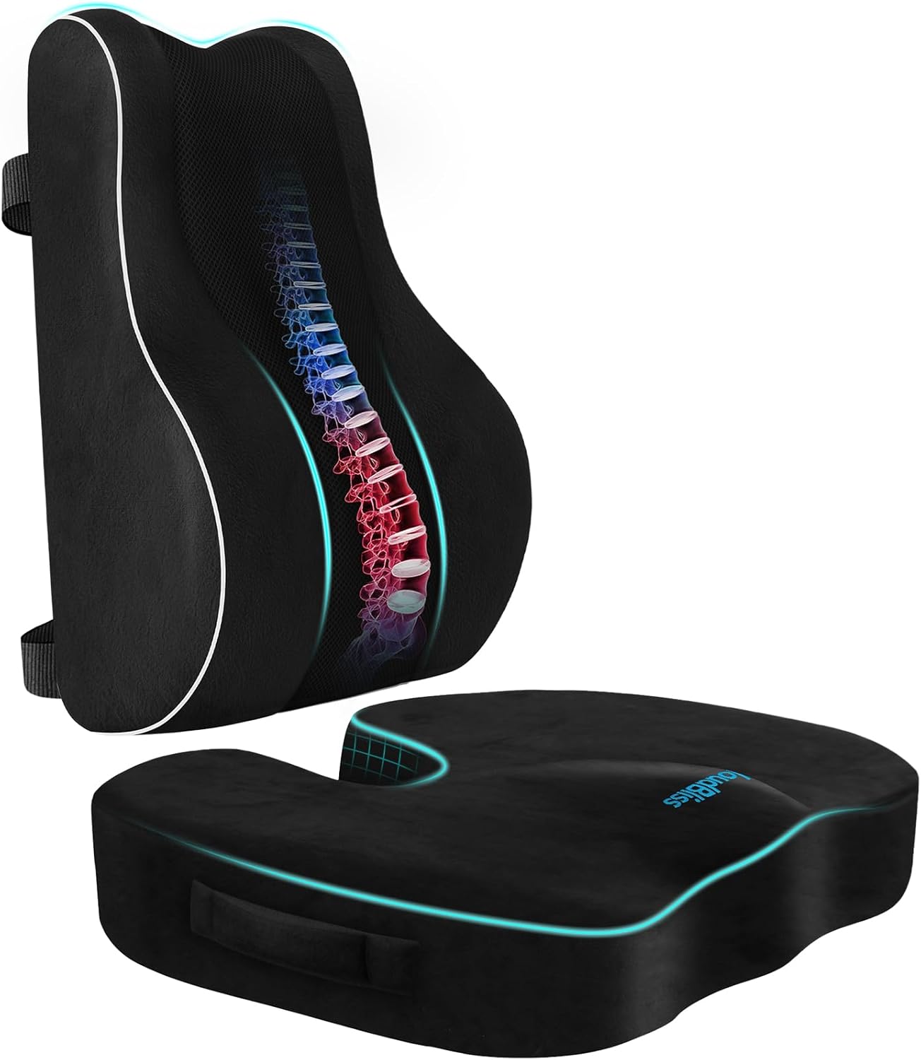 CloudBliss Ergonomic Lumbar Support Pillow Seat Cuhsion - Memory Foam for Lower Back Pain Relief, Adjustable Straps & Mesh Cover for Office, Gaming, Car Seat (Black)