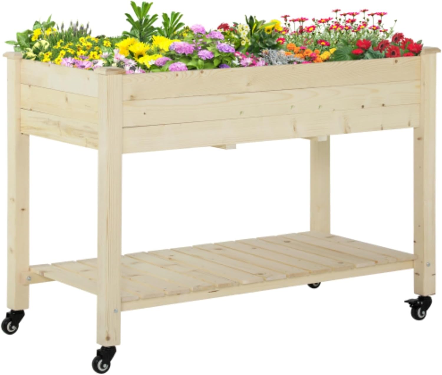Raised Garden Bed, 47" x 22" x 33" Elevated Wooden Planter Box with Lockable Wheels, Storage Shelf, and Bed Liner for Backyard, Patio, Natural