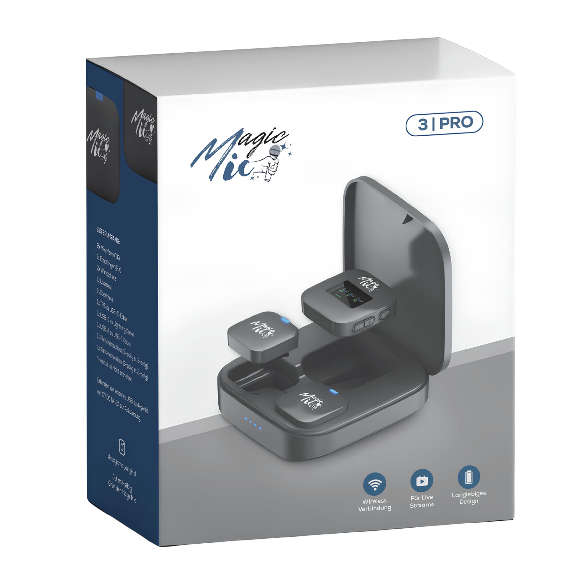 MagicMic™ 3 Pro Influencer Mikrofon Set LCD-Display, KI Geräuschunterdrückung, 20h Akku Stereo/Mono Modus, Lautstärkeregelung Kabelloses Mic für iPhone, Android, PC, YouTube, Vlogs (2 TX + 1 RX)