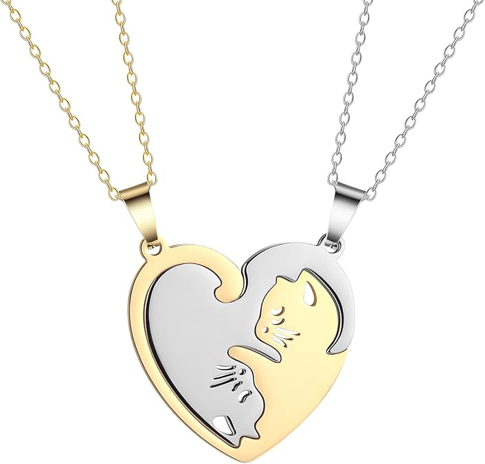 2pcs Cat Matching Necklace Pendant Stainless Steel Heart Cat