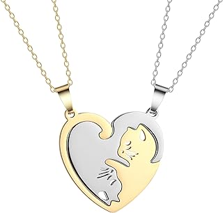 Plikin 2pcs Cat Matching Necklace Pendant Girl Stainless Steel Heart Cat Friendship Necklace BFF Price In India