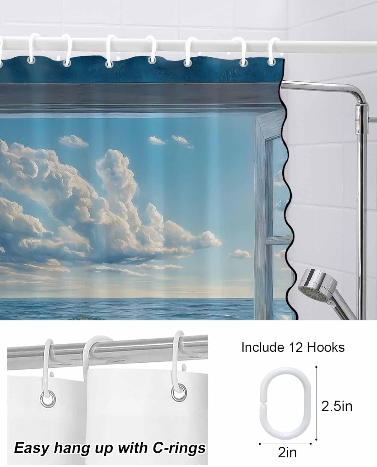Shower Curtain with Black Scalloped Edge for Bathroom, Blue Ocean Glass Window with Sea Pattern Cloth Shower Curtain, Washable Waterproof Fabric Shower Curtain Bathtub Decor 48x72in