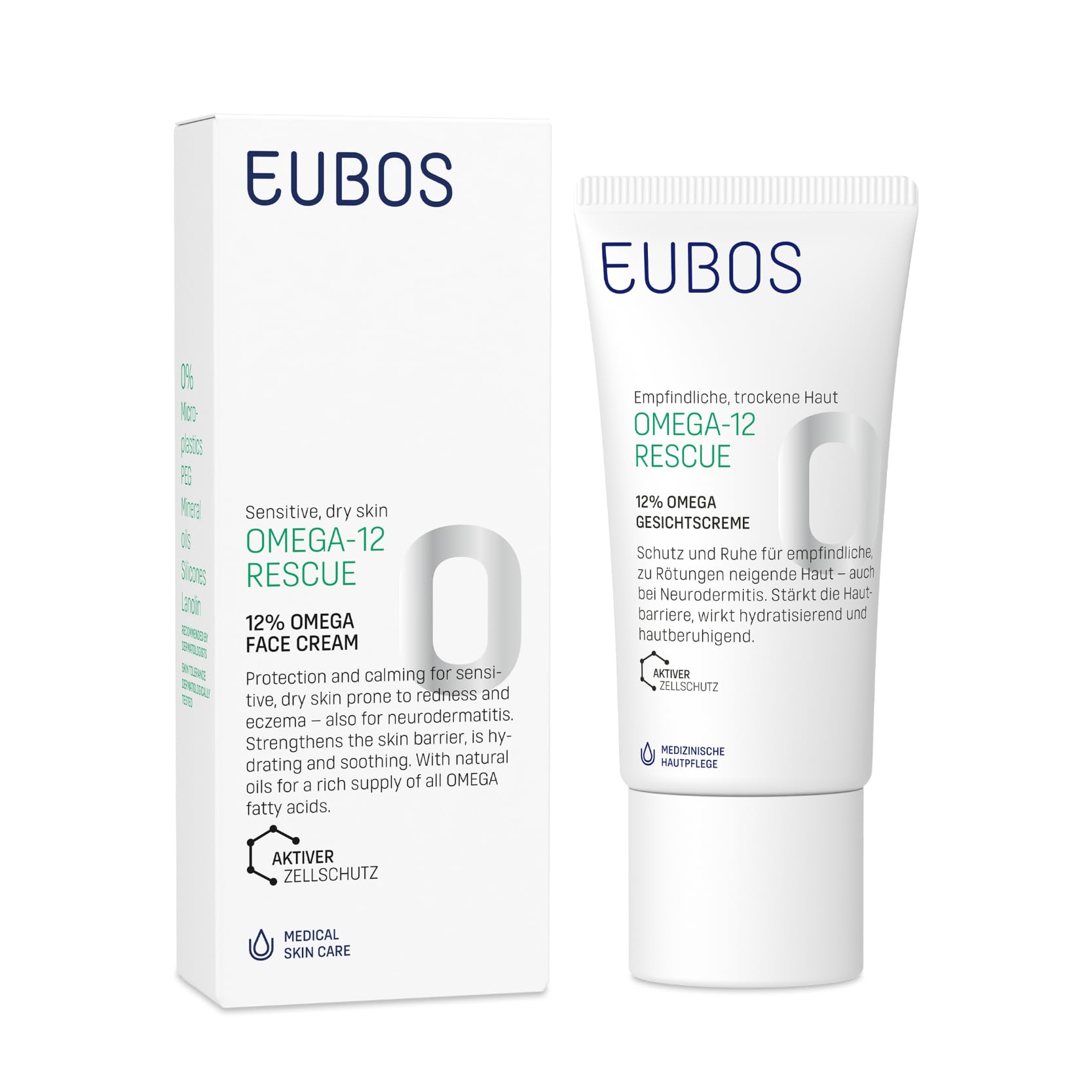 12% OMEGA CREMA FACIAL DE EUBOS OMEGA-12 RESCUE: cuidado facial nutritivo y calmante | Para pieles secas, sensibles y propensas a los eccemas | Vegana | 50ml