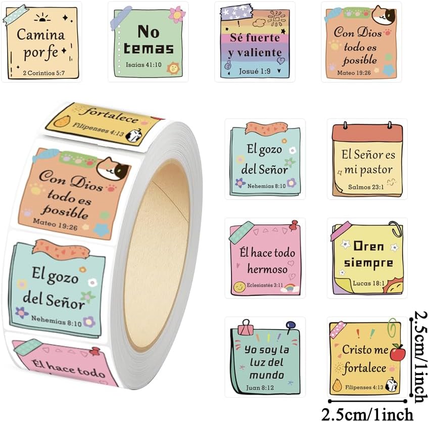 500 Pcs Spanish Bible Verse Stickers Roll, Inspirational Faith Scripture Labels for Packaging, Gift Wrapping, Envelope Sealing, Journals, Scrapbooking and Daily Encouragement Use