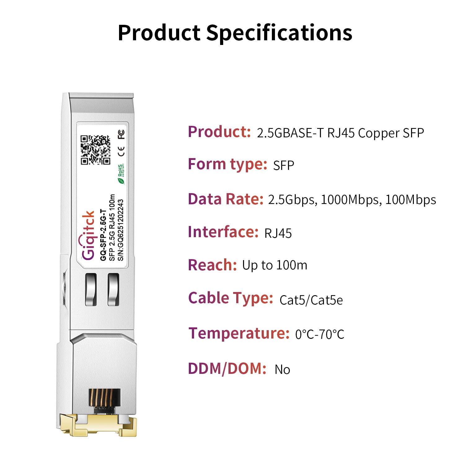 2.5GBASE-T SFP RJ45 Modulo 2.5G SFP Ricetrasmettitore Mini-GBIC Compatibile per Cisco SFP-2.5G-T, Ubiquiti, MikroTik, TP-Link fino a 100m