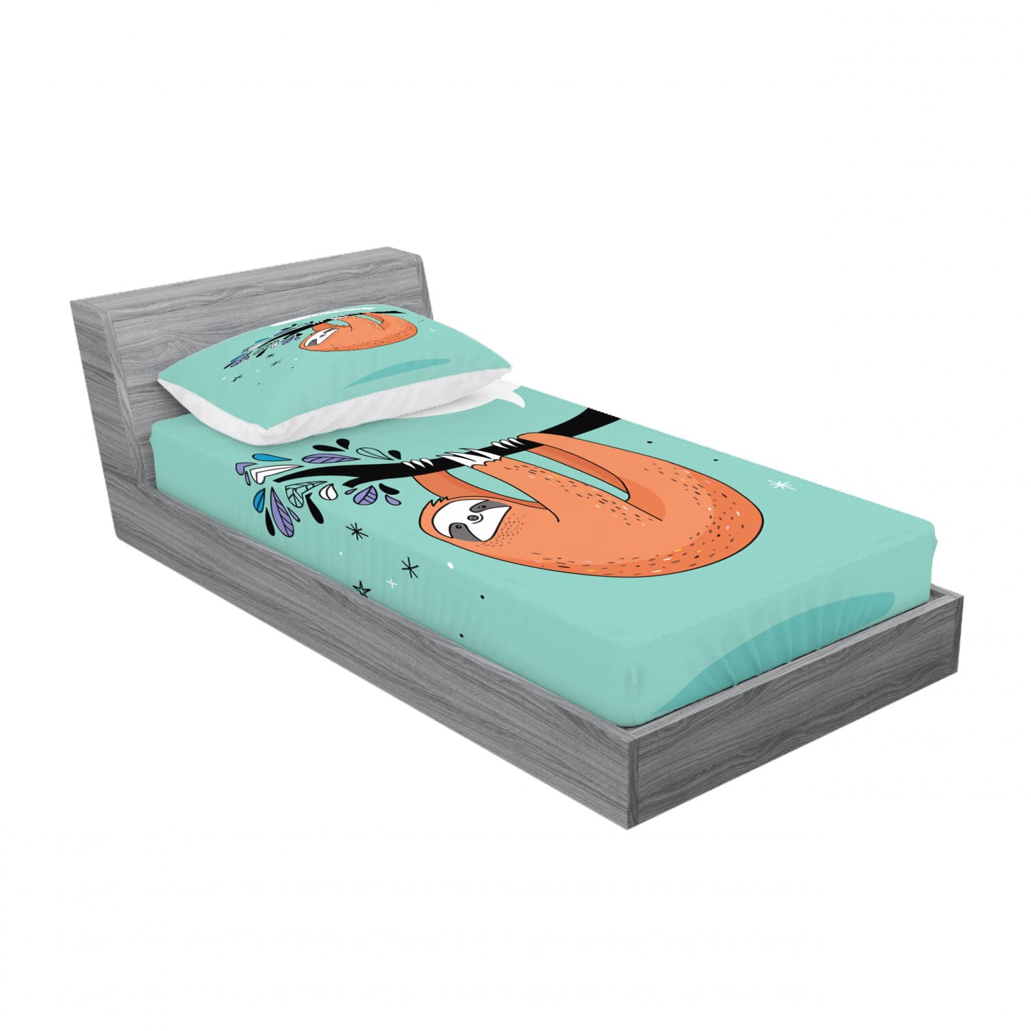 Ambesonne Animal 2 Pack Fitted Sheet & Pillow Sham Set, Flirty Sloth Cartoon, 4 Pcs Bedding Decor, Package Contains 2 Twin Size Fitted Sheets & 2 Pillow Covers, Seafoam Orange