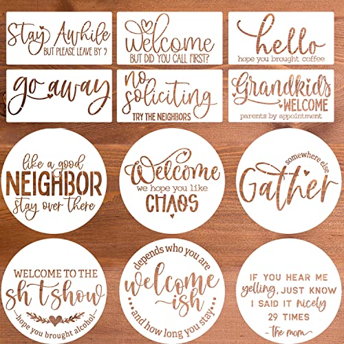 Funny Welcome Stencils for Painting Sarcastic Round Stencil Large Gather Stay Awhile Templates for Door Hanger Doormat Porch Sign Wreath