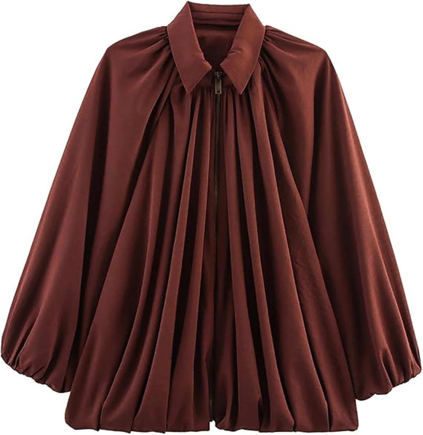 WOWULOVELY Women's Puffed Bomber Jacket Oversized Lapel Collar Streetwear Coat Long Casual Batwing Sleeve Zip Pleated Shirts