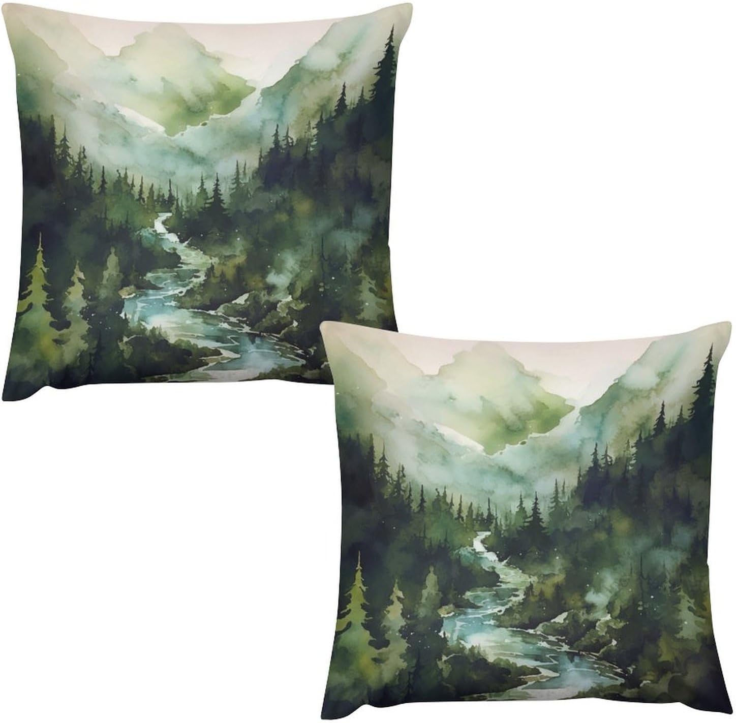 Misty Forest Pillow Covers Set of 2,Green Fog Magic Woodland Pine Tree Mountain Throw Pillow Covers 20x20 Inches Cotton Square Pillow Cover Set for Couch Bed Living Room Outdoor Decor 20 "x20