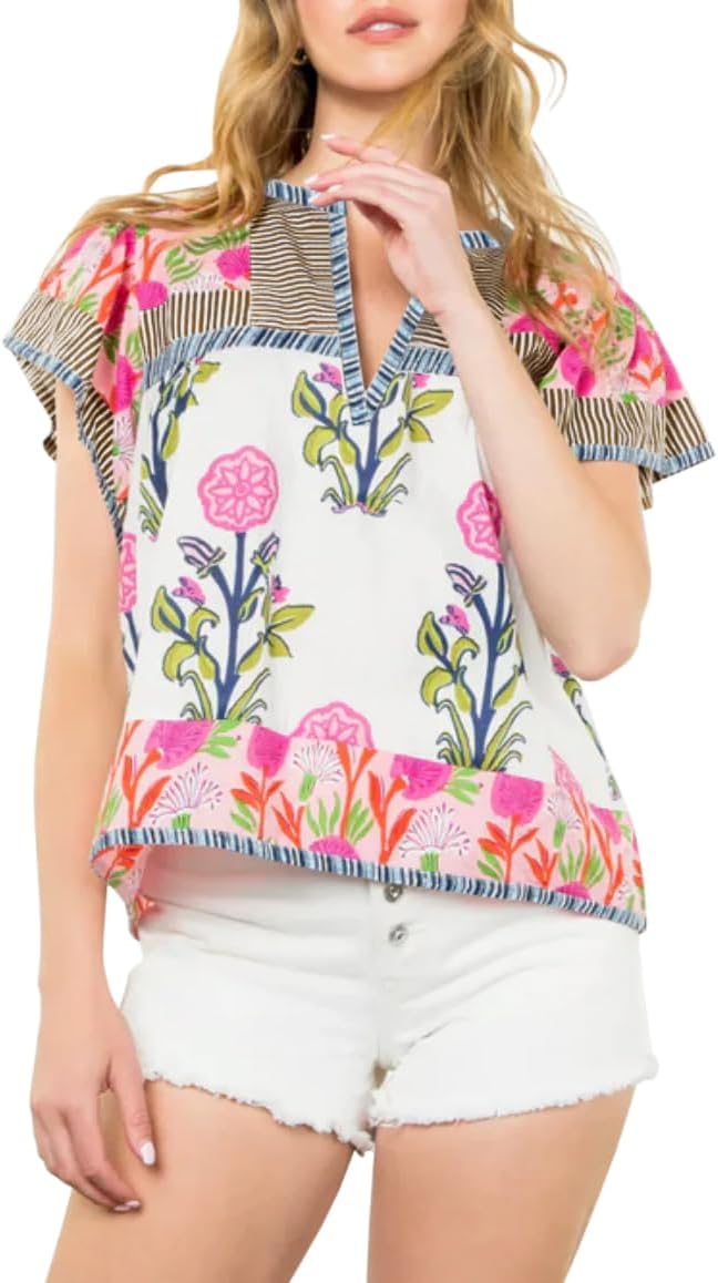 Womens Summer Floral Boho Tops Flutter Cap Short Sleeve V Neck Patchwork Y2K Peplum Babydoll Blouse Shirts
