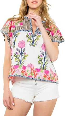 Womens Summer Floral Boho Tops Flutter Sleeve Patchwork Babydoll Shirts