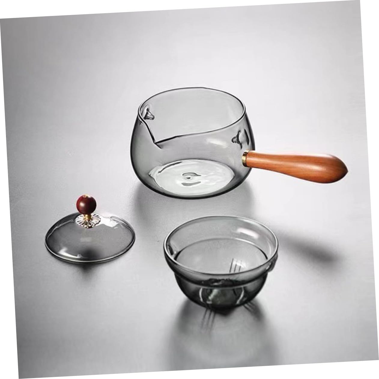Teekanne mit Langem Griff und Drehbarem Sieb, Glas, Holz