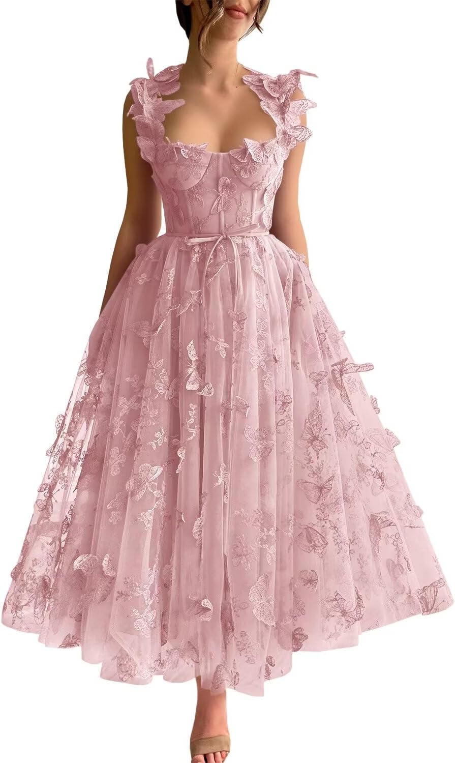 Tulle Prom Dress 3D Butterfly Spaghetti Straps Applique Tea Length Formal Evening Gown
