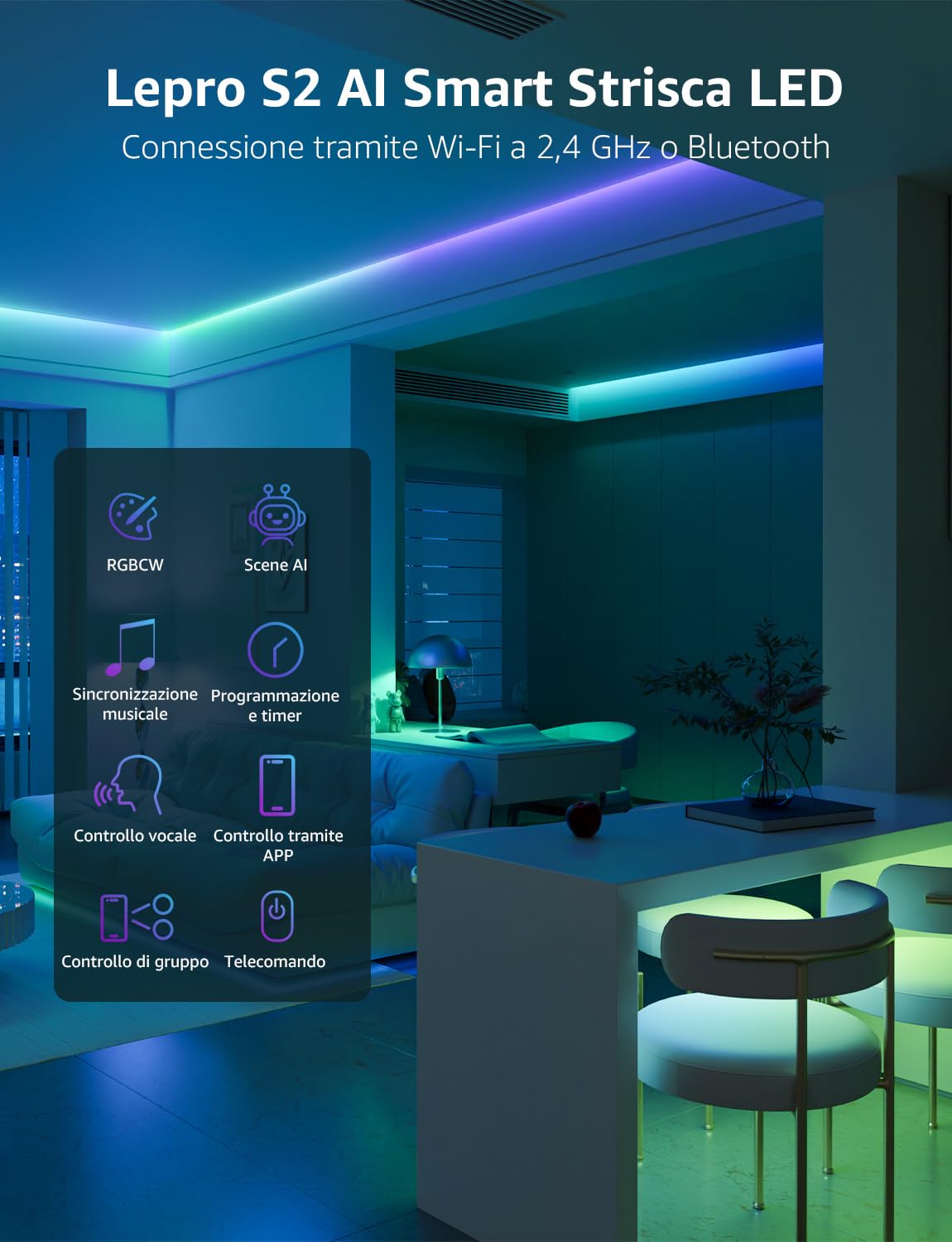 Lepro S2 Striscia LED RGBIC 10M Smart WiFi Bluetooth | RGB e luce bianca regolabile, Bluetooth, controllo vocale e scene personalizzate per ogni ambiente