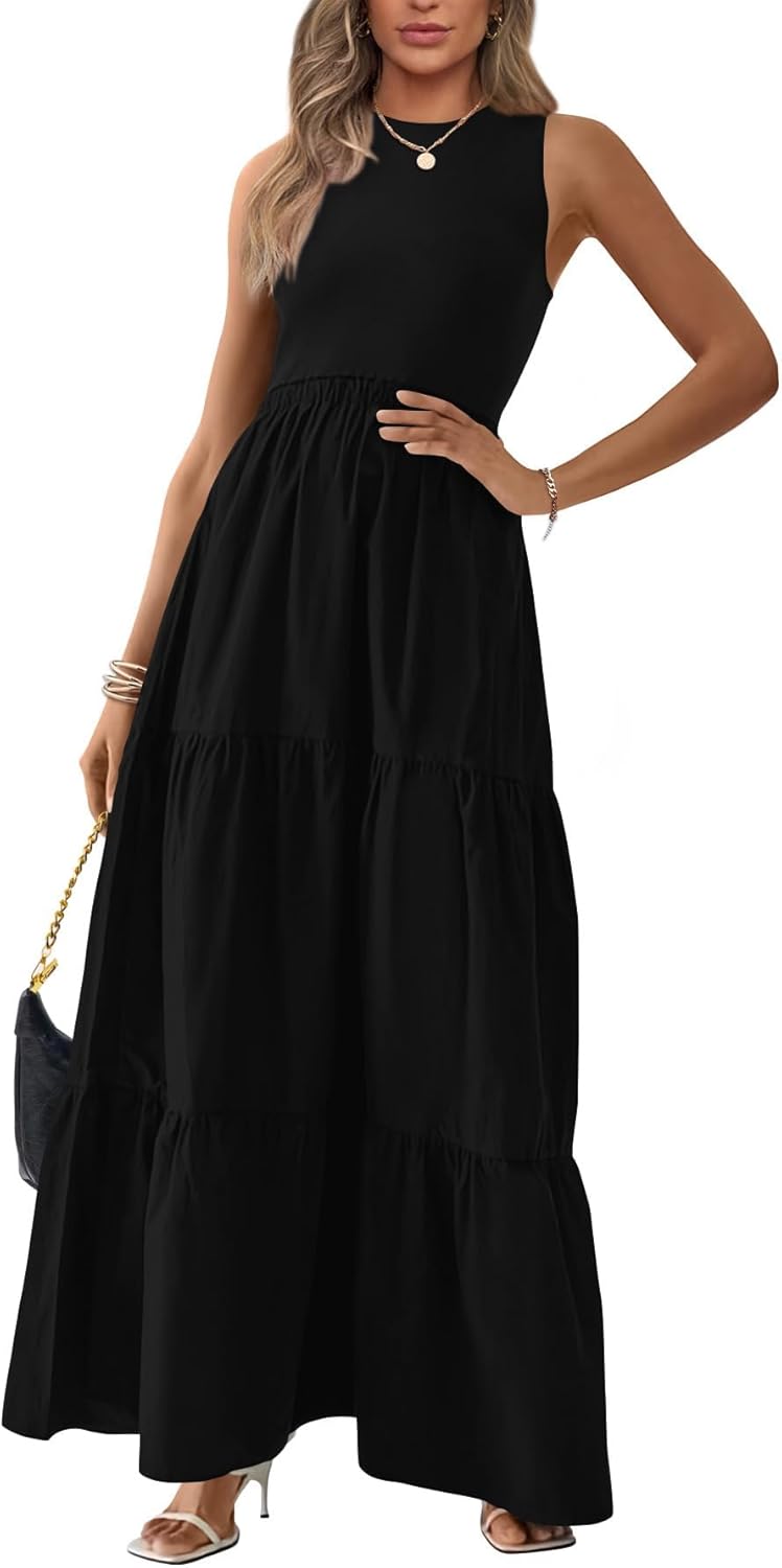 BTFBM Women Sleeveless Summer Dresses Wedding Guest Maxi Dresses Ribbed Knit Tops and Polyester Skirt with Pockets