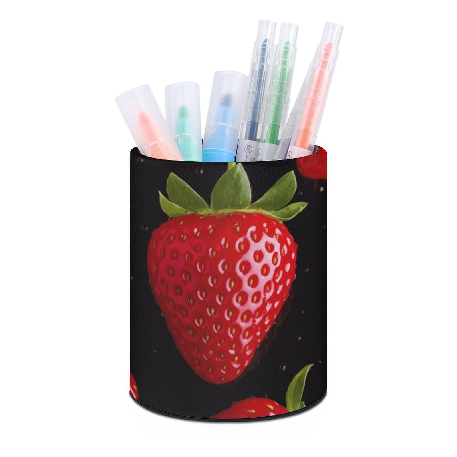 JTREHY Round Pen Holder,Strawberry Printed Makeup Brush Storage Box for Home Office Dressing Table