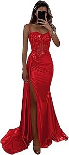 Satin Corset Prom Dresses Lace Applique Mermaid Spartkly Spaghetti Straps Formal Evening Gowns with Slit - Buy now