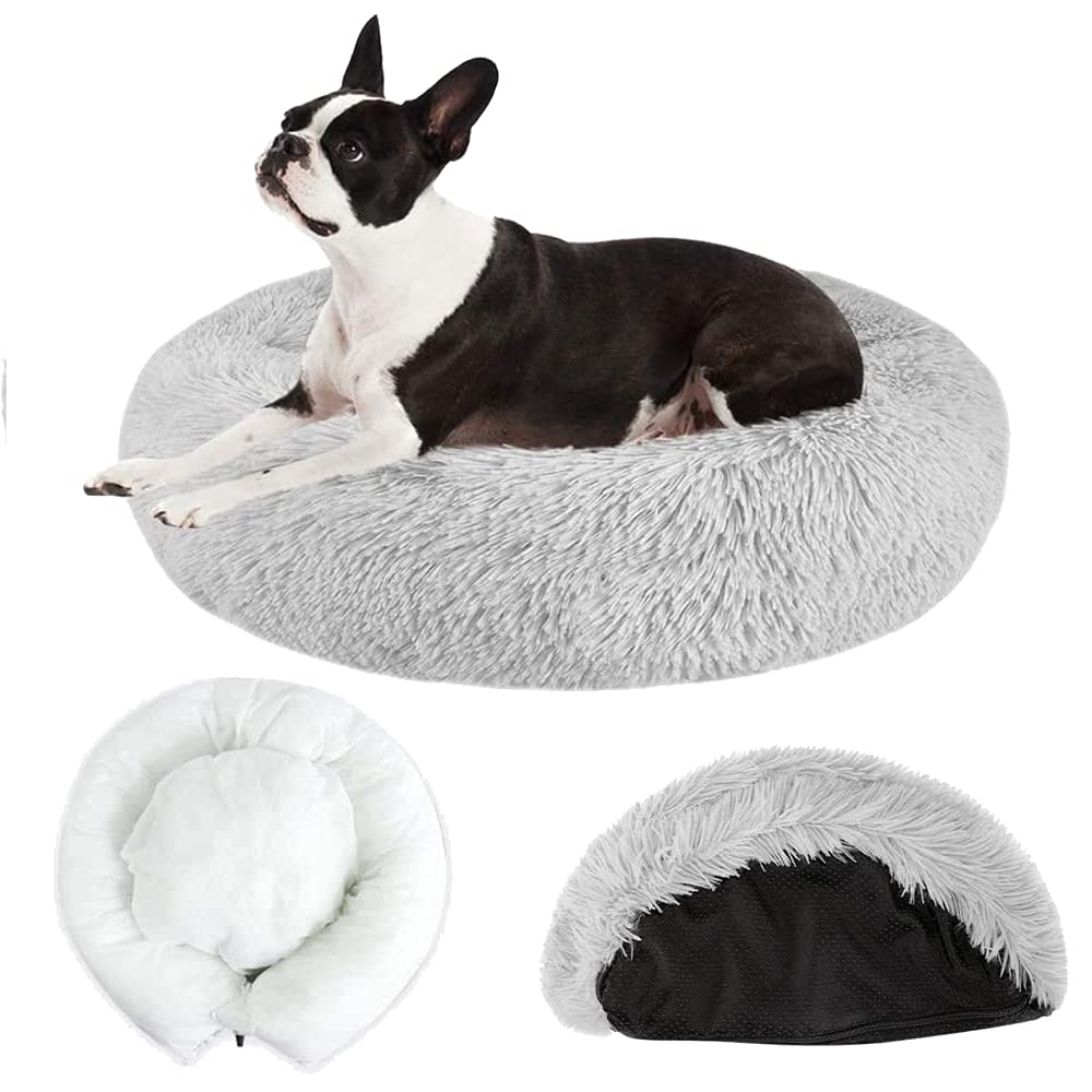 D&DPet Calming Bed, Warm Donut Dog Bed with Removable Cover Soft Plush Dog Cat Cushion with Cozy Sponge Non-Slip Bottom for Small Medium Pets Sleeping Indoor,Detachable wash (M (60 CM),Light Grey)