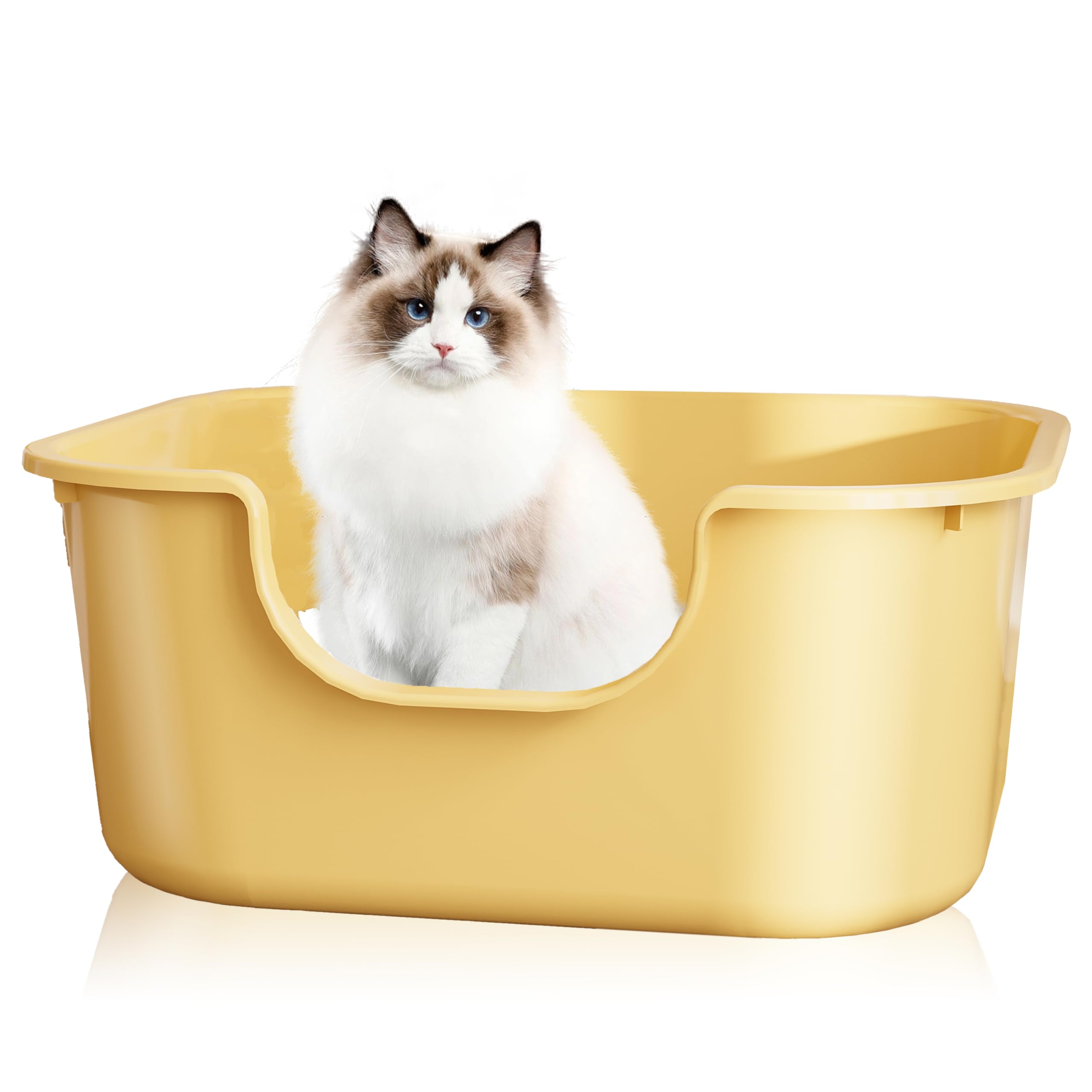 Pawsayes High Sided Cat Litter Tray Large Open Top Litter Box Deep Wall and Low Entry Splash Proof Kitty Litter Box for All Ages Cats (Yellow)