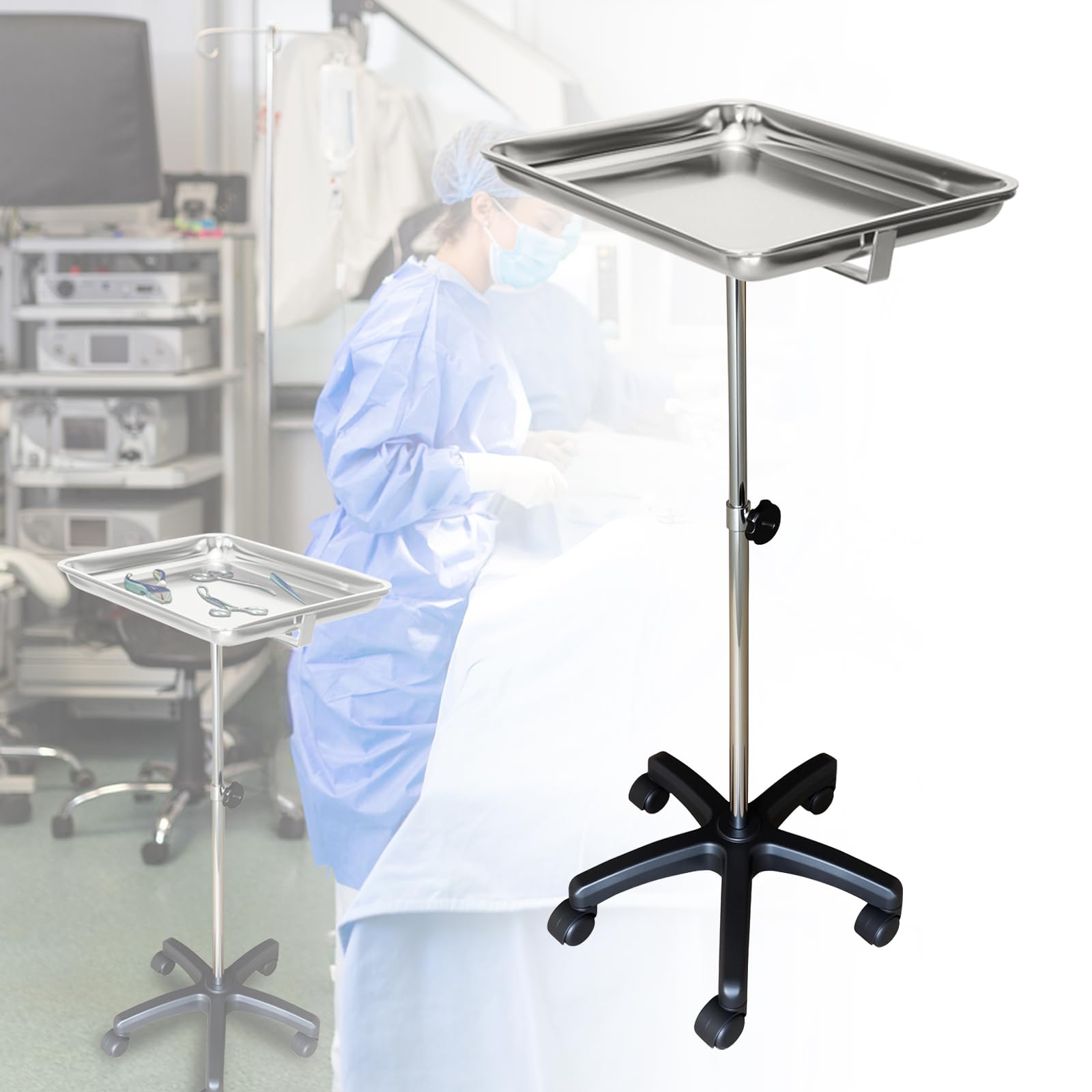 Supporto per strumenti Mayo, tavolo rotolante mobile per denti, veterinari, forniture per cliniche per animali domestici - altezza regolabile 35 "-51" carrello doppio con vassoio a sollevamento (B)