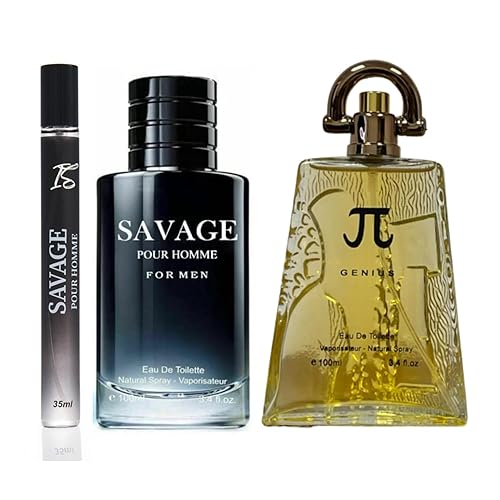 INSPIRE SCENTS Colonia Savage para hombre + PI de Genius Colonia para hombre, Eau De Toilette en aerosol, 3.4 onzas líquidas cada uno (paquete de 3)
