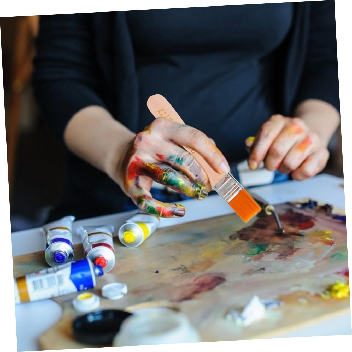 TEHAUX Pinceau Plat en Nylon à Manche Bois 50 Pièces pour Vernis