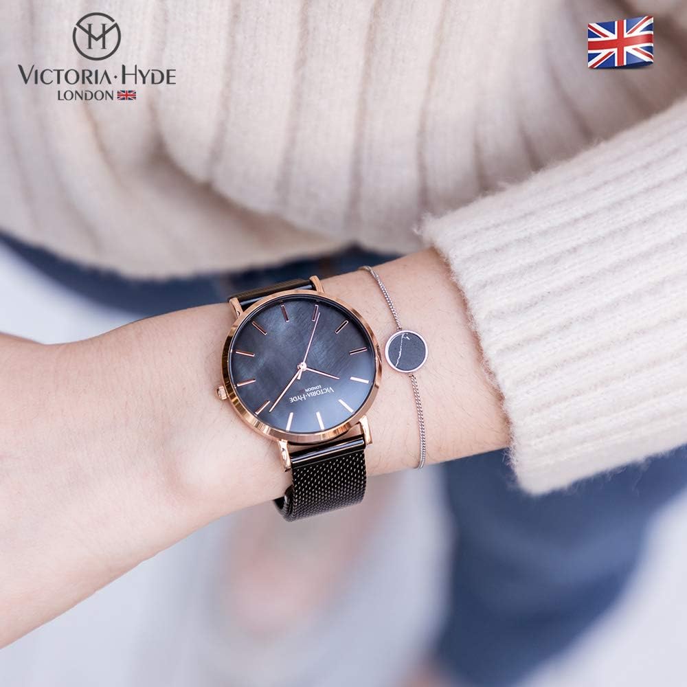 VICTORIA HYDE Quartz Watch with Stainless Steel Strap Ladies Wrist Watch Bracelet Set Silver Minimalist Simple Women's Watch (Black) - Image 5