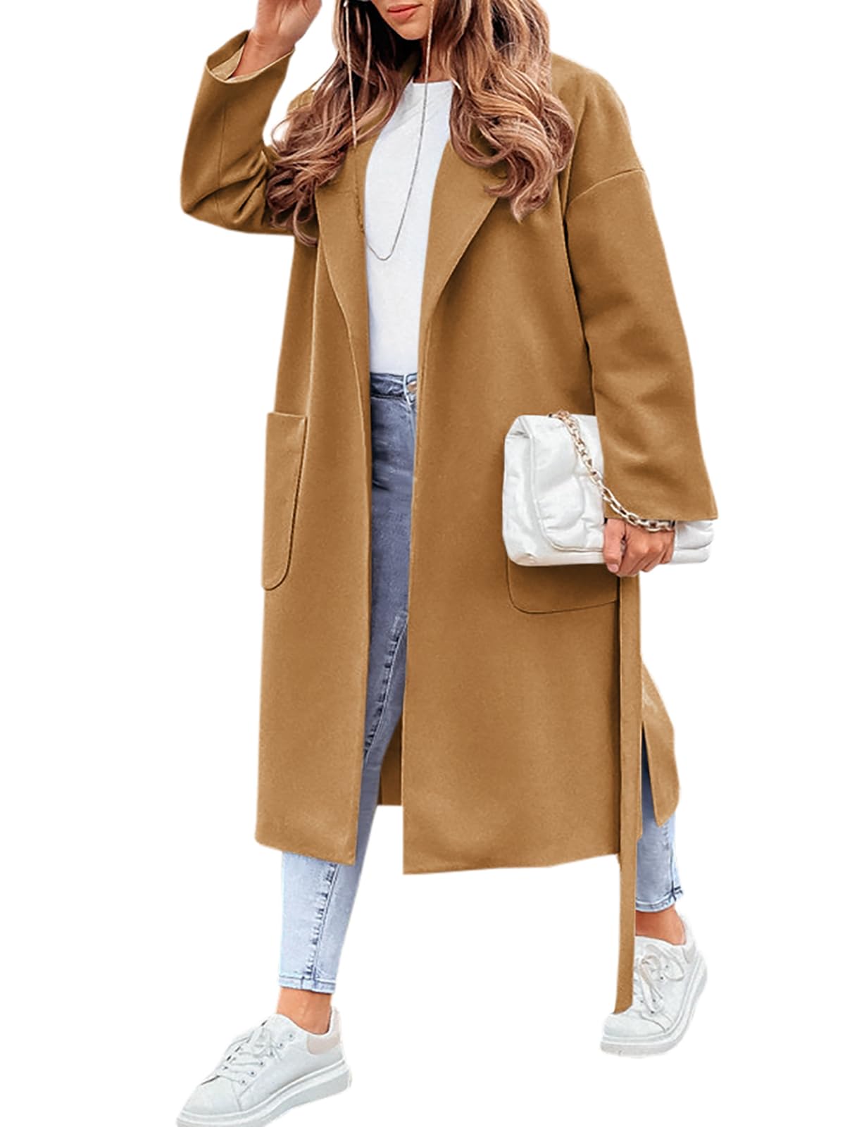 Photo 1 of FSHAOES Womens Lapel Collar Pea Coat Open Front Overcoat Belted Long Jacket Outerwear Medium Camel