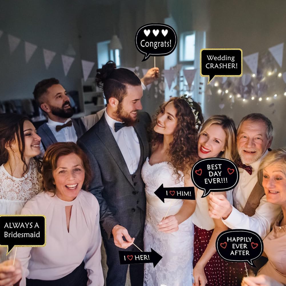 52PCS Wedding Photo Booth Props with Stick Bridal Shower Photo Booth Props Funny Photo Props, Wedding Party Supplies for Bride Groom, Bachelorette Party Decorations for Men Women Selfie Props