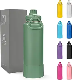 Garrafa Térmica 800ml - Duplamente Isolada a Vácuo, Aço Inox 304, Base Emborrachada Anti Derrapante, Bebidas Geladas por 24 Horas e Quentes por 12 Horas, (Verde Exercito)