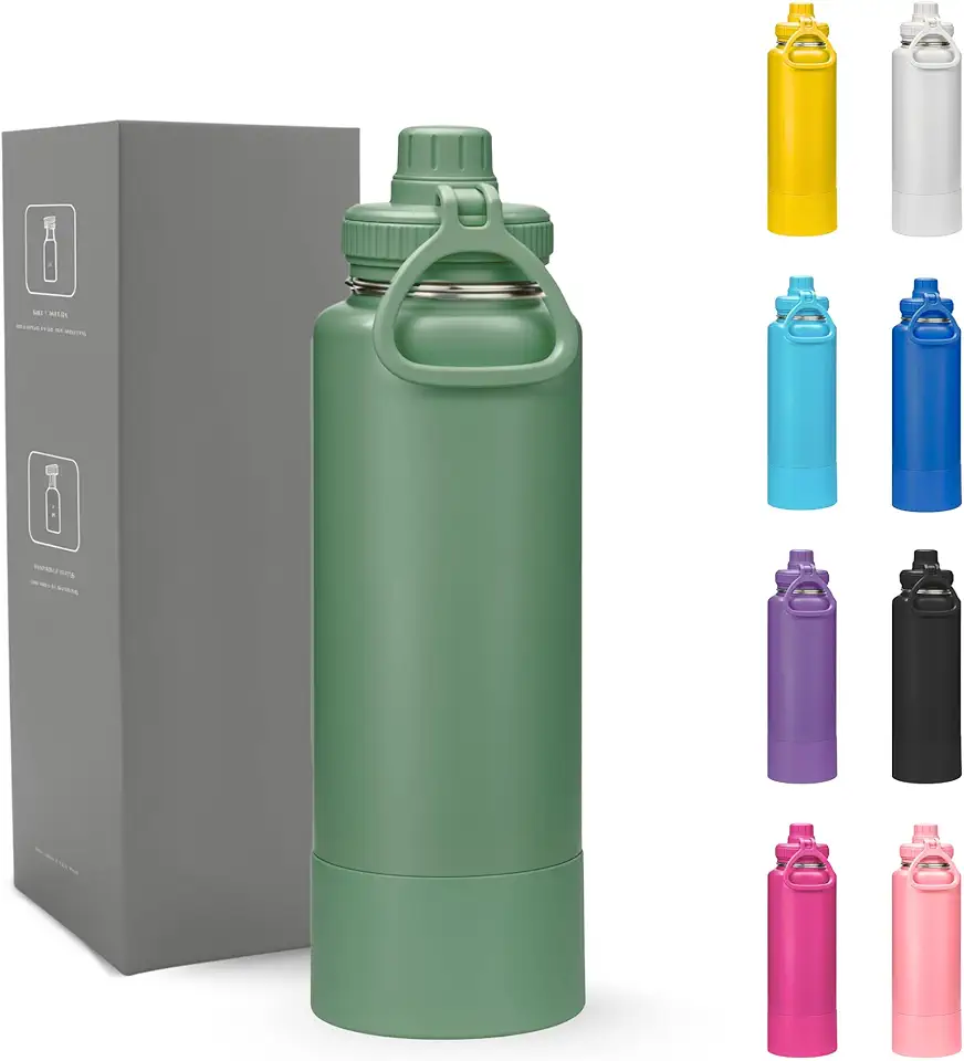 Garrafa Térmica 800ml - Duplamente Isolada, Aço Inox 304, Base Emborrachada Anti Derrapante, Mantém Bebidas Quentes por 12 Horas e Geladas por 24 Horas, (Verde Exercito)