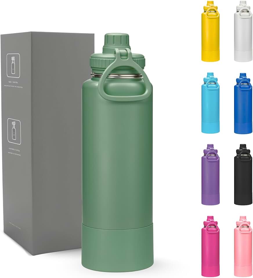 Garrafa Térmica 800ml - Duplamente Isolada, Aço Inox 304, Base Emborrachada Anti Derrapante, Mantém Bebidas Quentes por 12 Horas e Geladas por 24 Horas, (Verde Exercito)