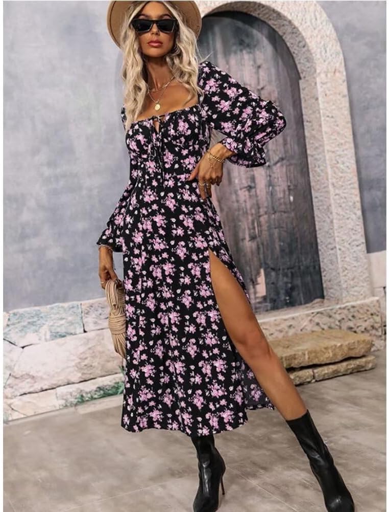 Women’s Floral Square Neck Maxi Dress Bubble Long Sleeve Side Slit Flowy Boho Dresses - Image 6