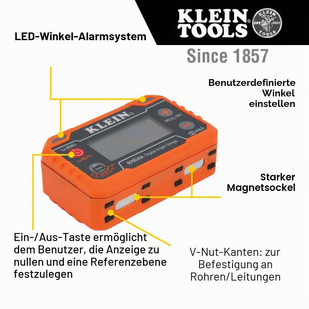 Klein Tools 935DAA Digitale elektronische Wasserwaage und Winkelmesser, LED-Winkelwarnung, Messen und Einstellen von Winkeln, 0-90 und 0-180 Grad Bereiche