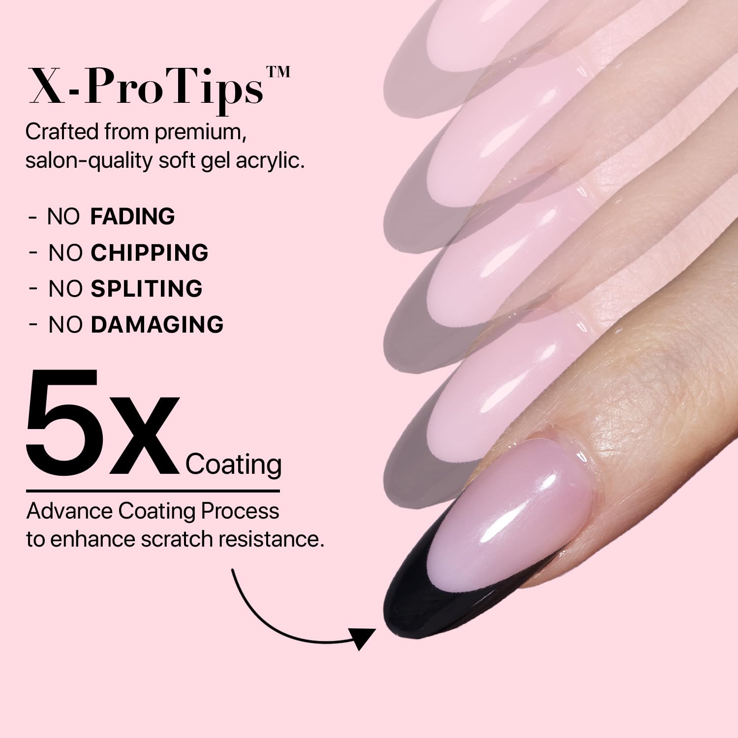 SXC Cosmetics French Tip Press On Nails – Black Series, Medium Almond, X-Pro Tips Starter Kit | 150PCS, 15 Sizes, 5 Styles, Beginner-Friendly
