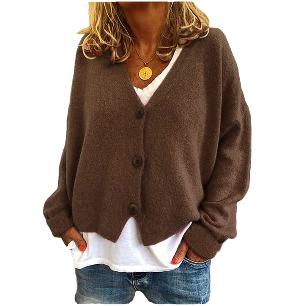 Janepam Womens Sweater Cardigan Jumper Plus Size Solid Color Plain Oversize Button-Down V-Neck Knitted Tops Loose Knitwear
