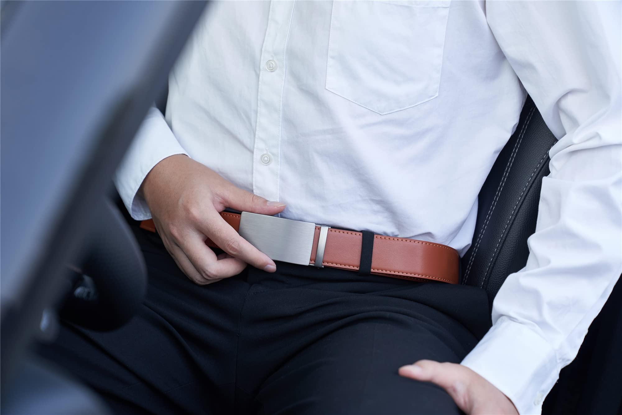 TANGCHAO Cintura Uomo, Cintura a Cricchetto da Uomo in Pelle con Fibbia Scorrevole Automatica 35mm, Trim Regolabile per Adattars