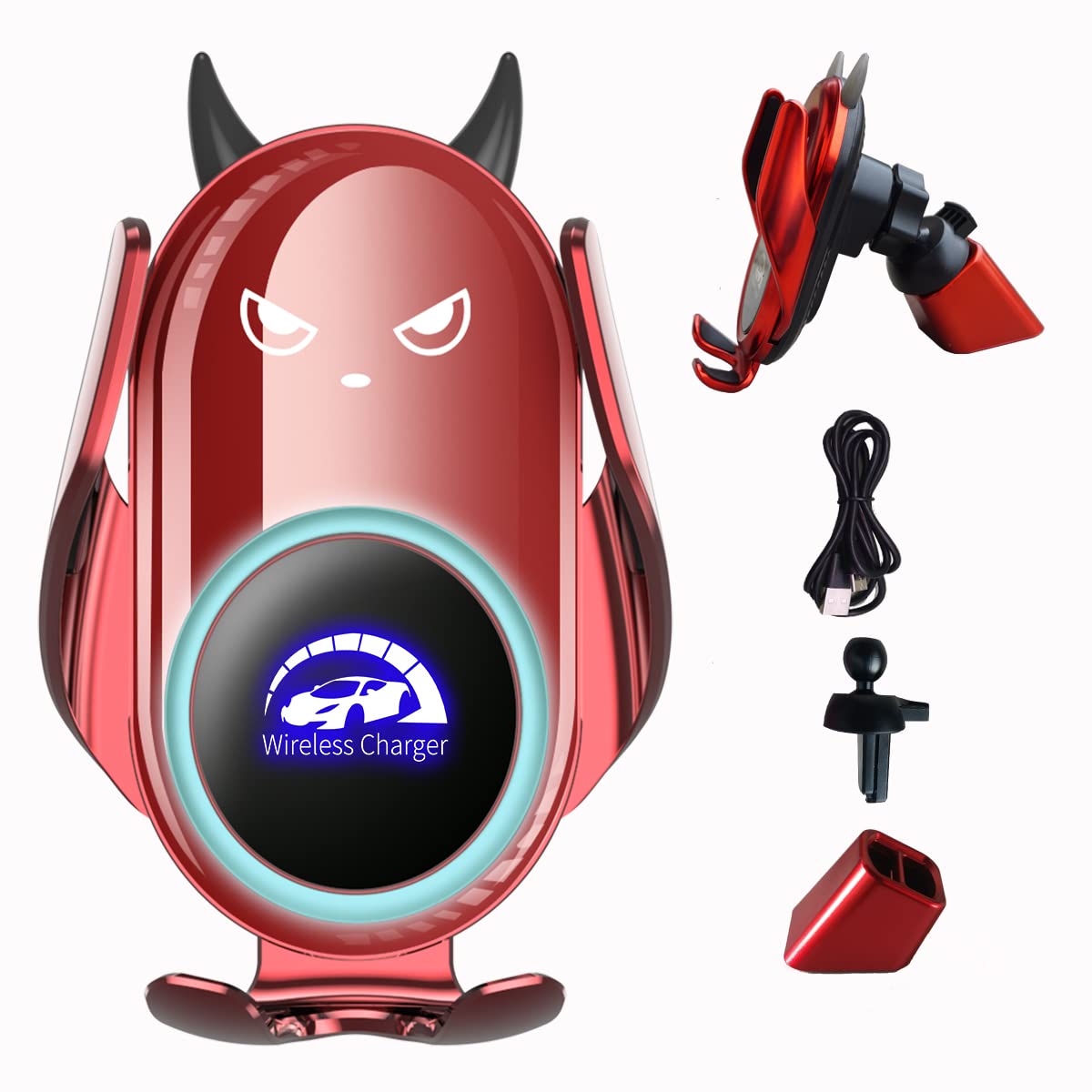 Wireless Car Charger Mount, Auto Clamping,Build-in Battery, Vent Dashboard, Red Cute Demon for Women for iPhone 14/14pro/13/13Pro/12/12Pro/SE/11/X/9, Samsung S22/S21/S20/10/9Note20/10/9 …