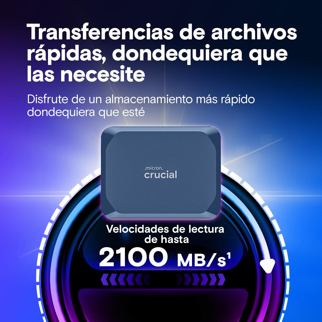 Crucial X10 2TB SSD Externo Portátil, hasta 2100MB/s, USB-C 3.2 Gen2, Clasificación IP65 de resistencia al agua y al polvo, Disco Duro Sólido Externo, Azul Mate - CT2000X10SSD9-02