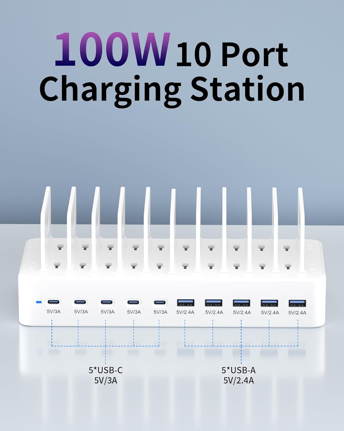 100W Charging Station for Multiple Devices, 10-Port USB Fast Charging Station with Adjustable Dividers & 10 Cables- Multi Device Organizer Charging Dock for iPhone, iPad, Tablets & More(White)