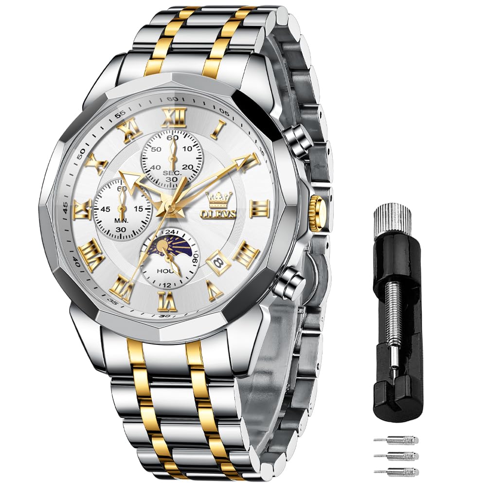 OLEVS Männer Uhr Quarz Luxus Business Uhren Multifunktion Chronograph Mondphase wasserdicht Leuchtend Edelstahl Armbanduhr