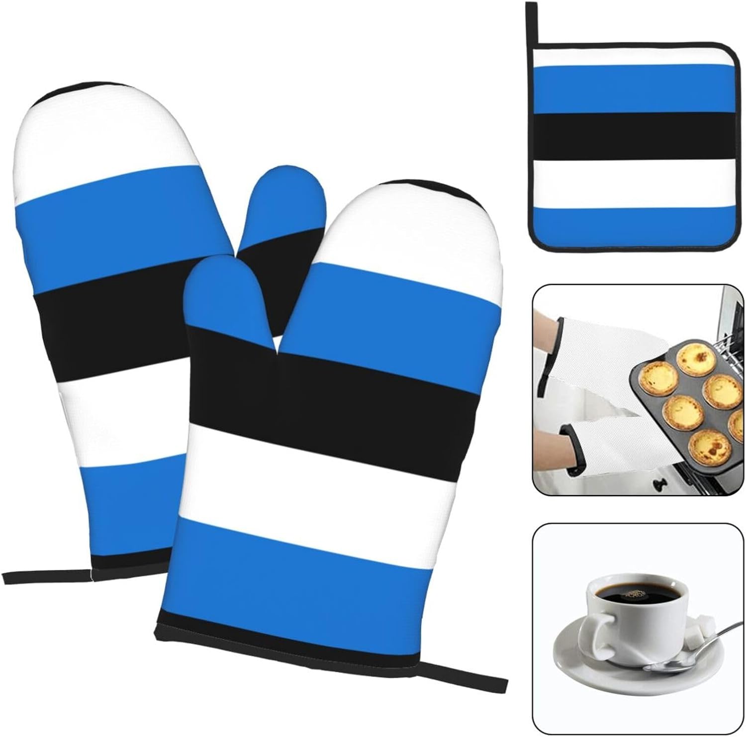 Flag of Estonia Kitchen baking three piece set/oven gloves, fit for cooking, baking, steaming, and grilling