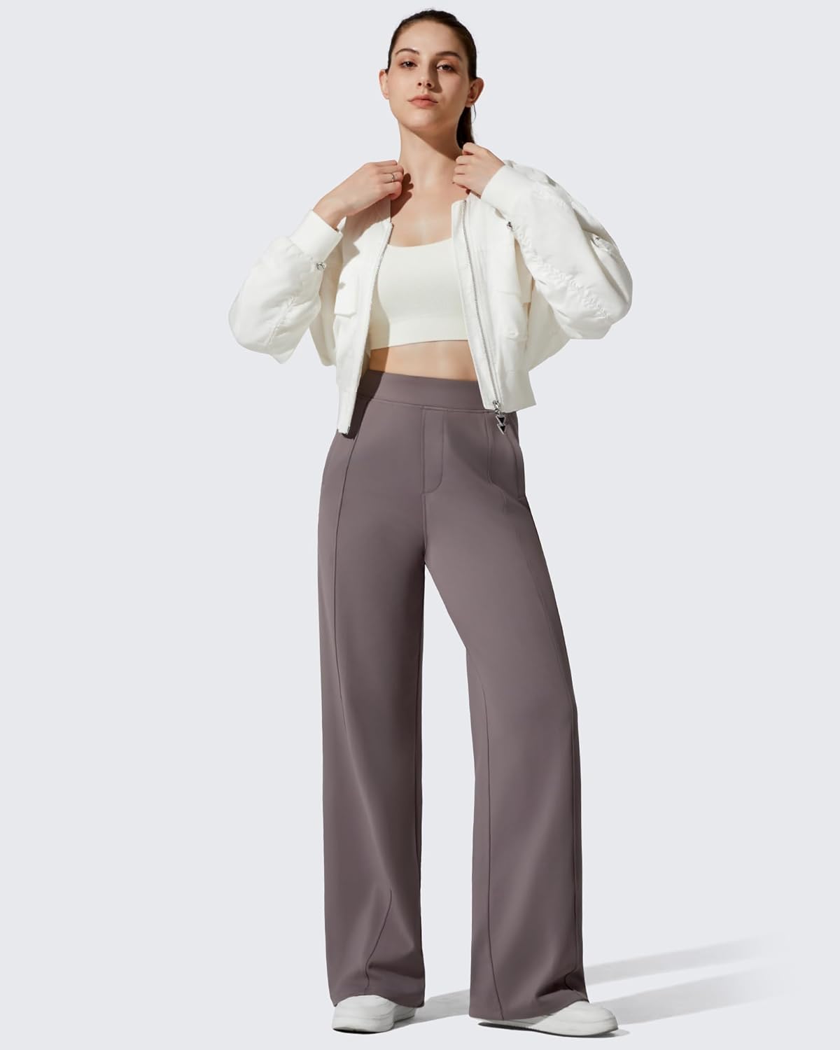 G4Free Wide Leg Pants for Women High Waisted Elastic Yoga Sweatpants with Pockets Stretch Loose Casual Thermal Trousers (Taupe,L,29") - Image 5