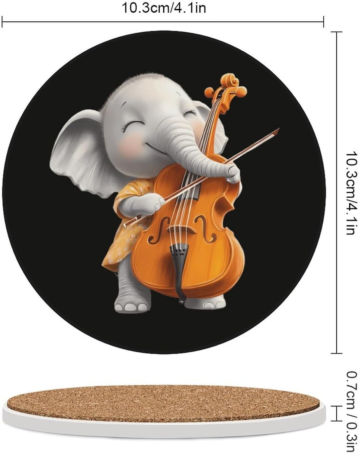 Cute Elephant Playing Cello Round Ceramic Coasters for Drinks Absorbent Cup Holder Tabletop Protector with Cork Base