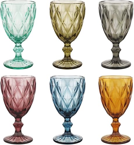 Copas de vino de colores puros, juego de 6 copas de vidrio de colores sólidos, aptas para lavavajillas, cristalería de colores con un estampado